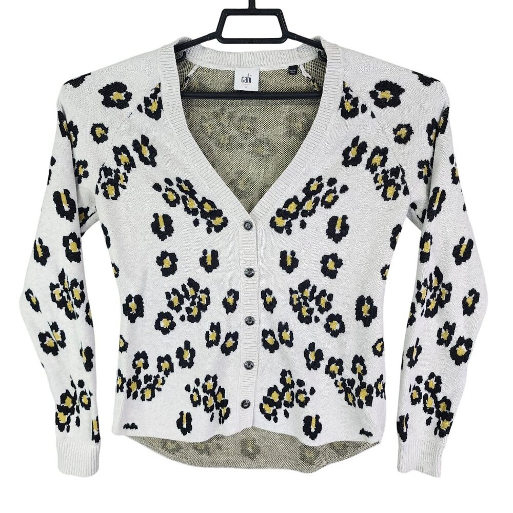 Womens Beige Cabi Animal Print Cardigan Sweater Button-Up Long Sleeve Size S